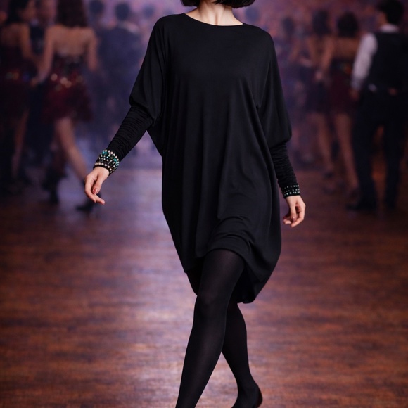 Norma Kamali OMO Dress Black Dolman Scrunchy Batwing Sleeve Vintage 80s Size M - Picture 3 of 15